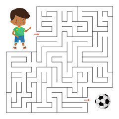 Wall Mural - Educational maze game for preschool kids. Help the boy find right way to his football ball. Labyrinth for children. Cute cartoon vector characters.