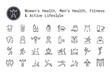 © Nubenamo - Sport, fitness, gym workout, health thin line icons. Man and woman healthcare, cancer awareness symbols. Exercise machine, sports lifestyle, yoga, recreation activity logo concept for web, mobile apps