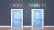 © GoodIdeas - Vague and definite as a choice - pictured as words Vague, definite on doors to show that Vague and definite are opposite options while making decision, 3d illustration