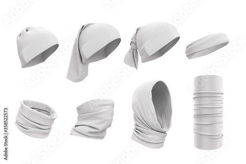 Download Set Of White Buffs On The Face Neck On The Head How To Wear Buffs 3d Realistic Illustration Of Clothes Hats Template Mockup For Design Logo Branding Clothing Presentation Stock Illustration