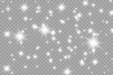 Poster - The dust sparks and golden stars shine with special light. Vector sparkles on a transparent background. Christmas light effect. Sparkling magical dust particles.