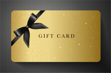 Gift Card With Twinkling Stars, Sparkling Elements And Bow (ribbon) On Gold Background. Golden Template Useful For Any Design, Shopping Card, Voucher Or Gift Coupon