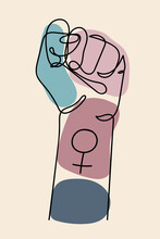 Continuous Line Drawing Of Strong Fist Raised Up With Woman Gender Sign. Feminism Power Symbol. Human Arm With Clenched Fingers, One Line Drawing Colored Vector Illustration. Concept Of Girl Power