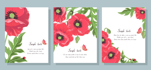 Wall Mural - Red vector poppy flowers. Set of postcards with wild flowers: poppy leaves, buds, ladybug and butterfly. Collection of templates for wedding invitation cards banners sales brochure cover design.Vector