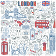 London doodle set. Landmarks, architecture and traditional symbols of English culture - Big Ben, Tower Bridge, Royal crown, red telephone box, Union Jack. Vector illustration isolated on background