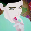 Kolorowa ilustracja młodej kobiety okazującej zdziwienie i zaniepokojenie na abstrakcyjnym tle