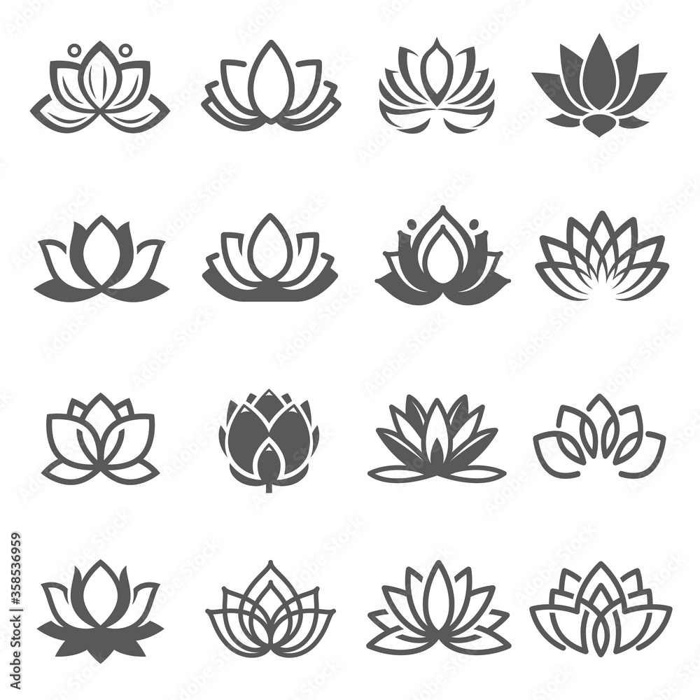 Lotuses, nelumbos black line and bold icons set isolated on white. Blooming flowers pictograms. - obrazy, fototapety, plakaty 