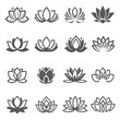 Lotuses, nelumbos black line and bold icons set isolated on white. Blooming flowers pictograms.