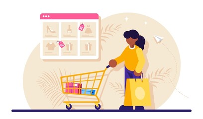 Poster - Online shopping concept. Woman with a package and a trolley from the supermarket in the background of the browser window with a catalog of goods. Modern flat illustration.