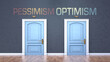 Pessimism and optimism as a choice - pictured as words Pessimism, optimism on doors to show that Pessimism and optimism are opposite options while making decision, 3d illustration