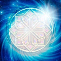 Wall Mural - magic symbol amulet or talisman over blue background with rays of light and universe whirl liek abst