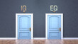 Iq and eq as a choice - pictured as words Iq, eq on doors to show that Iq and eq are opposite options while making decision, 3d illustration