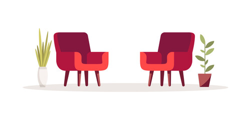 Poster - Red opposing chairs semi flat RGB color vector illustration. Two armchairs for psychological consultation. Comfortable home interior. Office furniture isolated cartoon object on white background