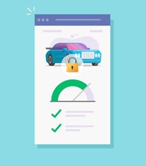 Poster - Automobile and vehicle monitoring security lock check mobile software online digital system or connected to smart car, wireless remote distance control of secure alarm vector flat cartoon