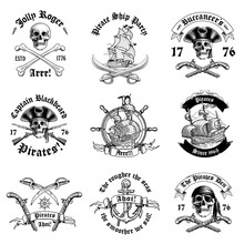 Monochrome Pictures Of Pirate Labels. Illustration Of Military Ships, Skull And Guns. Skull And Pirate Ship Emblem With Weapon Vector