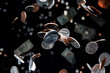 Falling coins flying through the air represent economy and finance with a zero-gravity nickel as focus of currency.
