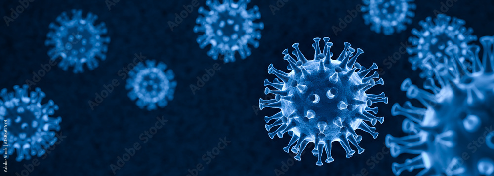3D render: Corona virus SARS-CoV-2 - Schematic image of viruses of the Corona family in blue color. Selective focus - obrazy, fototapety, plakaty 