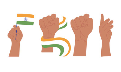 Canvas Print - happy independence day india, raised hands with flag and fist gesture