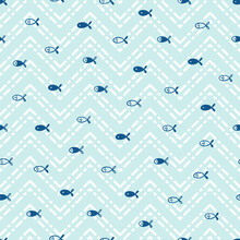 Small Fishes Seamless Pattern. Background For Kids With Hand Drawn Doodle Cute Fish. Cartoon Sea Animals Vector Illustration In Scandinavian Style

