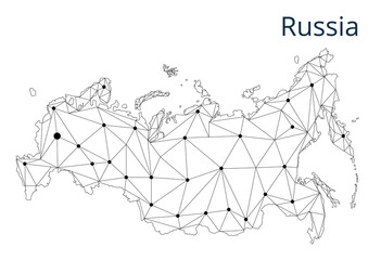 Poster - Russia communication network map. Vector low poly image of a global map with lights in the form of cities in or population density consisting of points and shapes and space. Easy to edit