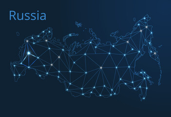 Poster - Russia communication network map. Vector low poly image of a global map with lights in the form of cities
