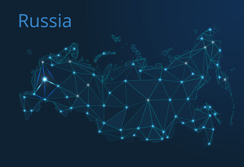 Aufkleber - Russia communication network map. Vector low poly image of a global map with lights in the form of cities
