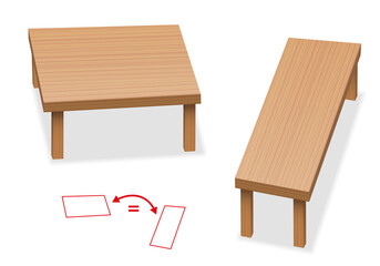 Sticker - Optical illusion - two tables with exactly the same size of tabletop - relative size perception. The two wooden surfaces seam to be different.
