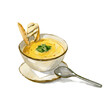 Yellow cream soup, decorated with greens and crackers, with a spoon. Watercolor illustration isolated on white background. Vector
