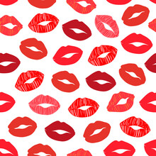 Lipstick Kisses Seamless Pattern. Print Of Lips Kiss Backdrop.