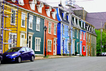 A Row Of The Famous Jelly Bean Houses On A Street In The Old Town Of St. John's Newfoundland Labrador Canada.