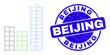 Web mesh city buildings pictogram and Beijing seal stamp. Blue vector rounded scratched seal stamp with Beijing phrase. Abstract carcass mesh polygonal model created from city buildings pictogram.