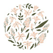 Flowers, buds, hyacinth inflorescences and leaves in a circle. Vector illustration.