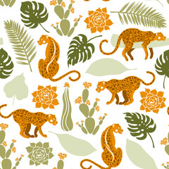 Seamless pattern with leopards in tropical leaves, cacti and succulents. Wildlife, flora and fauna. Vector illustration.