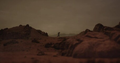 Wall Mural - lonely astronaut walking on a surface of a red rocky planet. mars colonization concept. dust effect 