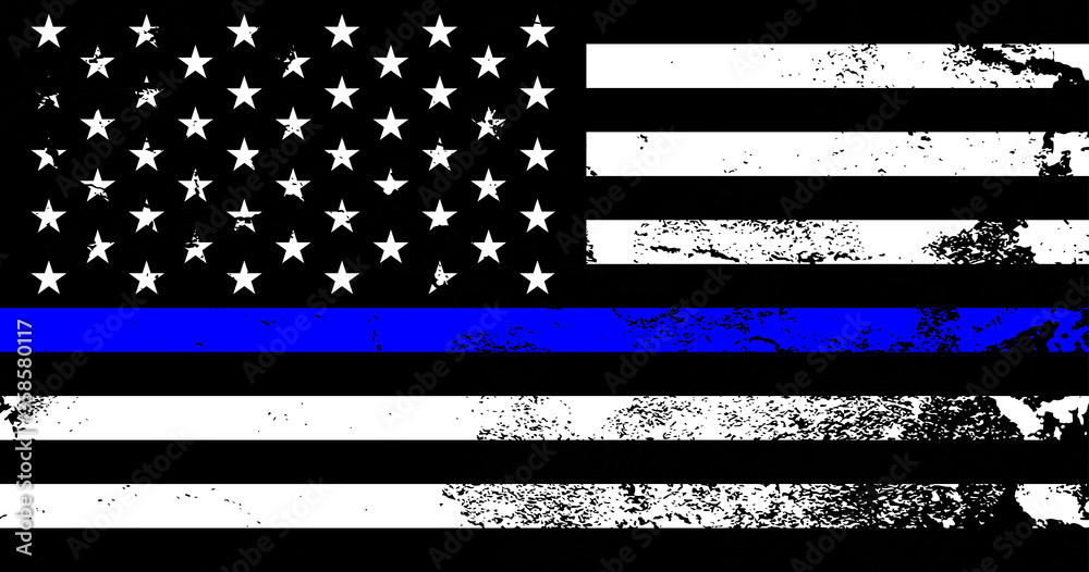 American flag with police support symbol, Thin blue line. American police in society as the force which holds back chaos, allowing order and civilization to thrive. Poster, card, banner, background - obrazy, fototapety, plakaty 