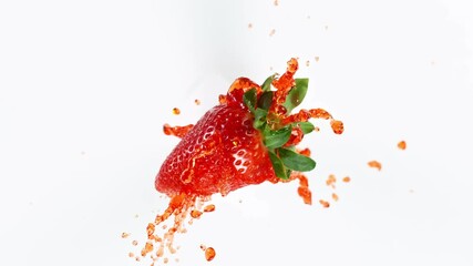 Wall Mural - Super Slow Motion Shot of Strawberry with Splashing Water Isolated on White Background at 1000fps.