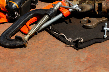 Old rusty tools for working with wood. Joiner's house construction work