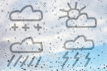 Figure of four weather symbols, drawn with a finger on the misted glass. Rain, sleet, lightning rain and cloudy weather. Glass window with raindrops against sky blue