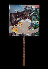 Macro Photo Of Selfmade Blank Paperboard Protest Sign Isolated On Black Background With Layers Of Wet And Torn Street Posters Glued On Top Of Each Other, Ripped Paper Art Work.