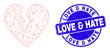 © Evgeny - Web carcass broken heart icon and Love & Hate seal stamp. Blue vector rounded grunge stamp with Love & Hate caption. Abstract carcass mesh polygonal model created from broken heart icon.