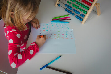 Poster - little girl calculating numbers, kid doing homework, math for kids