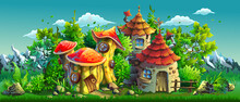 Fairy Tales Village With Small Houses. Panorama. Vector Cartoon Illustration.
