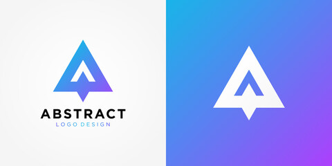 Poster - initial letter a logo. purple blue gradient geometric triangle arrow shape isolated on double backgr