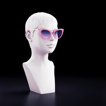Fashionable Showcase Mannequin. Female Mannequin Made As A Bust With Wearing Modern Stylish Sunglasses. 3D Rendering Graphics.
