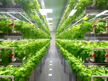Fresh Vegetables Are Growing In Indoor Farm/vertical Farm.