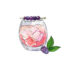 Glass With Pink Lemonade Or Cocktail With Fresh Blueberries And Herbs Isolated On White Background. Hand Drawn Watercolor And Ink Illustration.