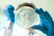 © pressmaster - Below view of biologist taking sample of blue textured substance from petri dish while doing research in laboratory