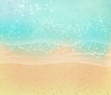 Summer Sea Beach Top View With Waves And  Foam. Sandy Ocean Shore. Vector  Illustration Of Coast With Yellow Sand,turquoise Water And Tropical Seaside.Concept Of  Exotic Vacation.
