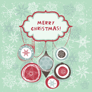 Merry Christmas poster, Christmas ball and snowflakes with decoration elements. This illustration can be used as a greeting card, poster or print.
