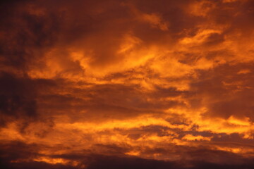 Poster - Orange colorful dramatic storm clouds on sunset with sun rays illumination in the sky close up on a summer evening, beautiful cloudscape, texture for background and wallpaper